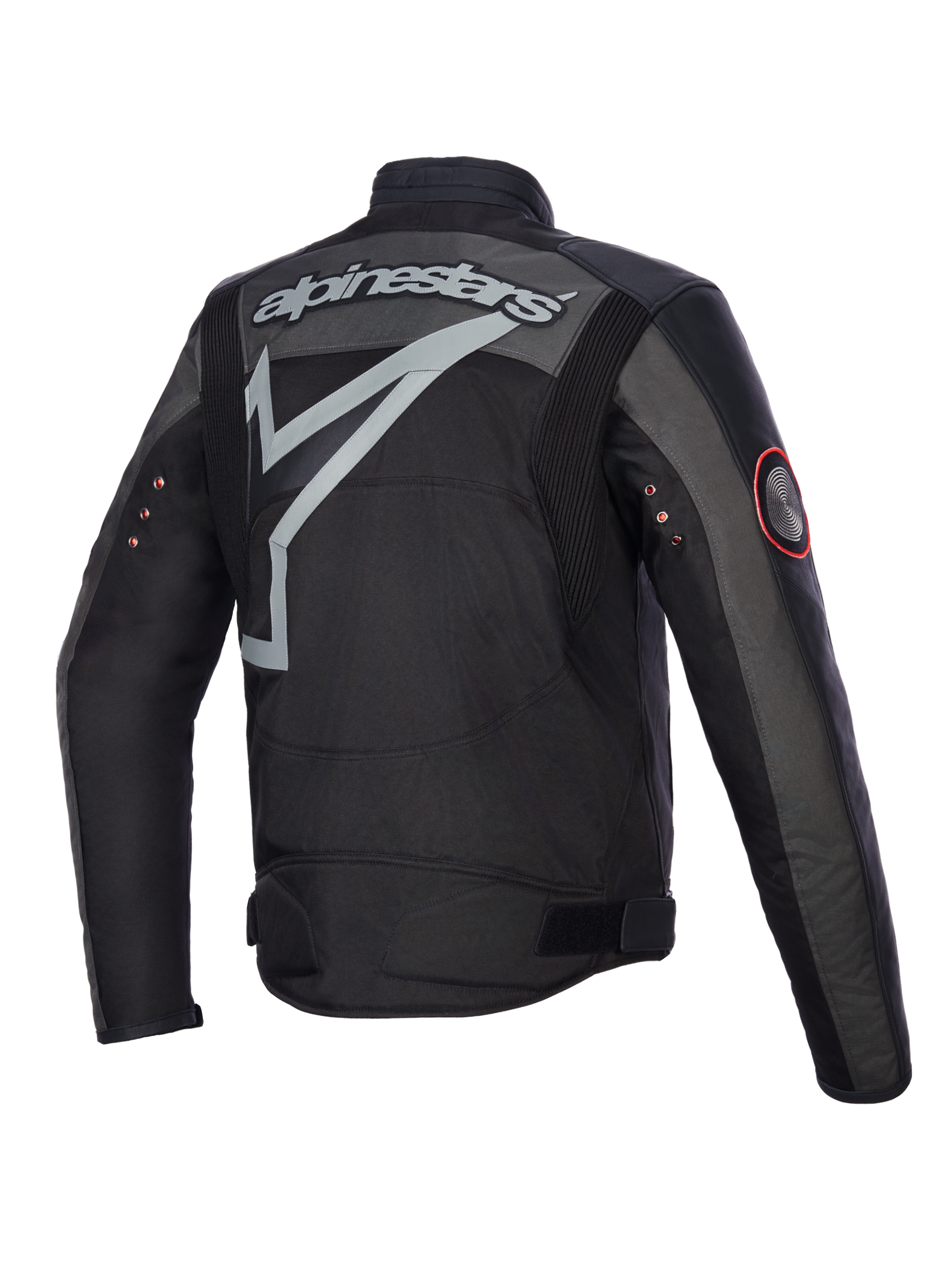 Alpinestars Axton Jacke, Motorradjacke, Schwarz Anthrazit Rot Tangerine, Rückansicht mit großem grauem umlaufendem Logo und Schriftzug, Akkordeon-Schulterpaneele und Vintage-Metallösen an den Ärmeln, Textil- und Lederkonstruktion