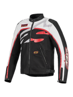 Alpinestars Axton Jacke, Motorradjacke, Schwarz, Off-White und Bright Red, von Vintage-Rennsport inspiriertes Design mit auffälligem, umlaufendem Alpinestars-Logo, Konstruktion aus Textil und Leder, Reißverschlusstaschen und Biker-Kragen
