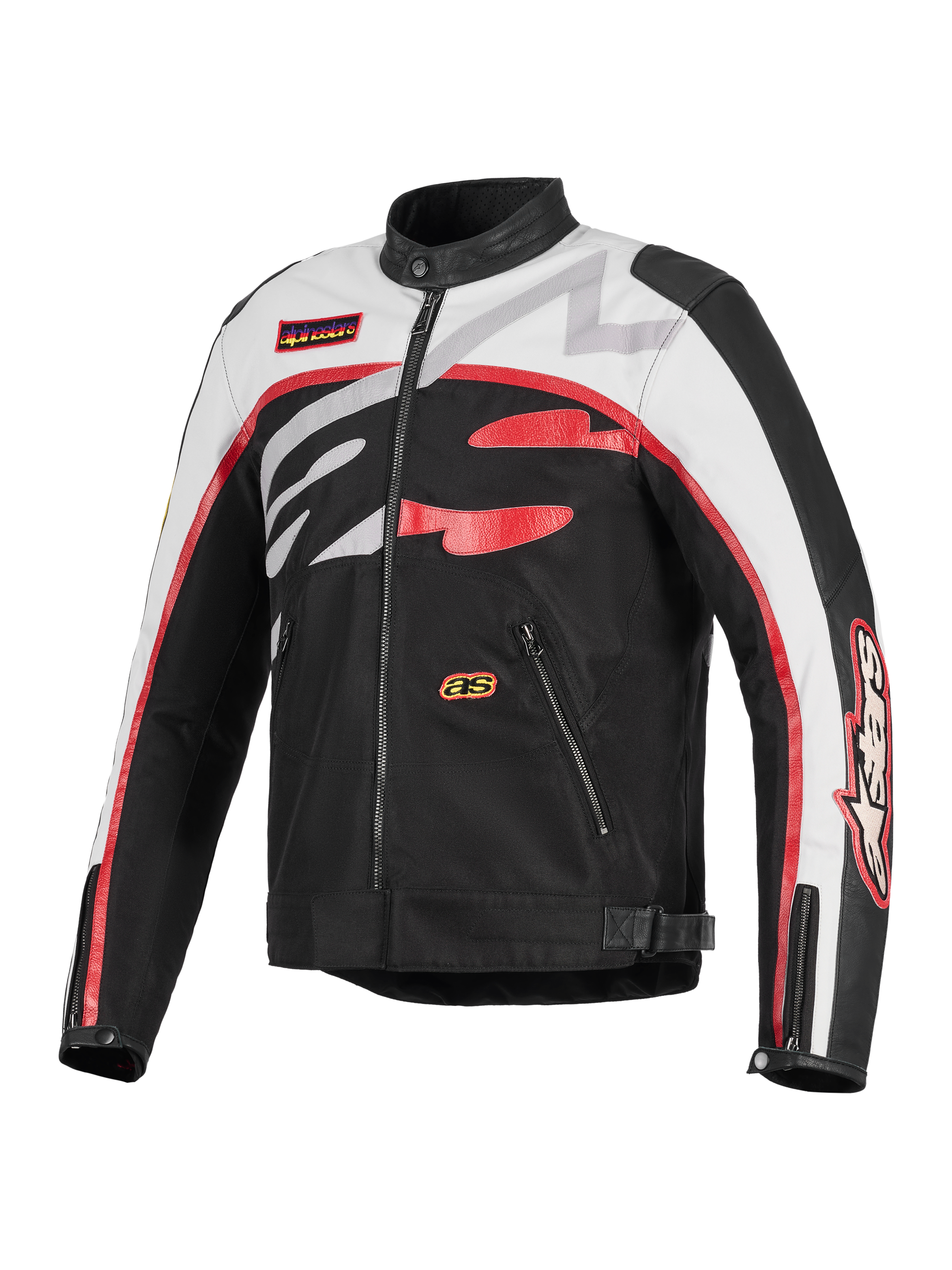 Alpinestars Axton Jacke, Motorradjacke, Schwarz, Off-White und Bright Red, von Vintage-Rennsport inspiriertes Design mit auffälligem, umlaufendem Alpinestars-Logo, Konstruktion aus Textil und Leder, Reißverschlusstaschen und Biker-Kragen