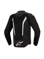 Alpinestars AST V3 Air Jacket, Back View, Black with White and Dark Gray accents, featuring a large mesh ventilation panel, white Alpinestars logo on the lower back, and laser-perforated zones, technical sport-fit motorcycle jacket