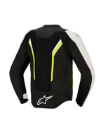 Alpinestars AST V3 Air Jacket, Rear View, Black Silver and Yellow Fluo, textile motorcycle jacket with large mesh panels for airflow, fluorescent accents, and white logo on lower back