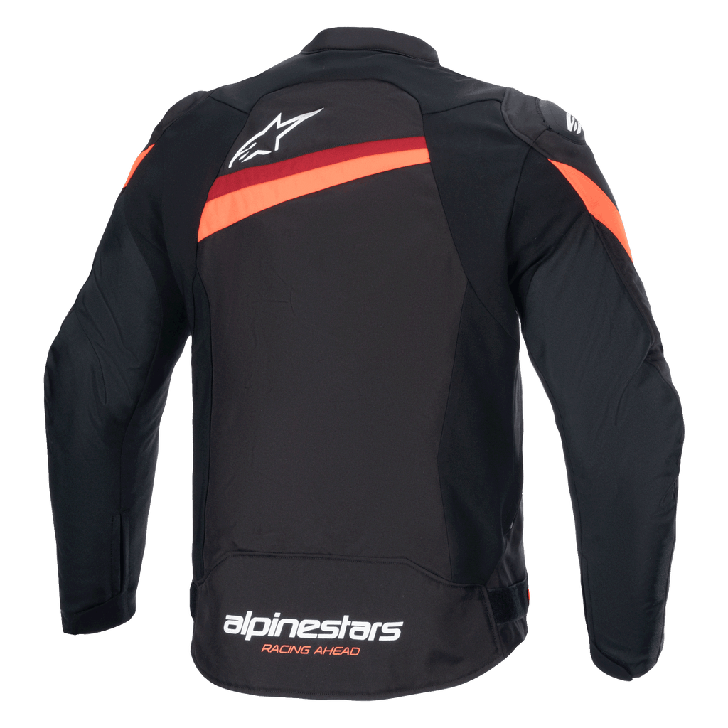 Alpinestars T-GP Plus R V4 Jacket, Back view, Black and Red Fluo, Textile Sport Motorcycle Jacket, featuring white Alpinestars logo on upper back and lower hem branding, diagonal red stripes across shoulders and back, pre-curved sleeves.