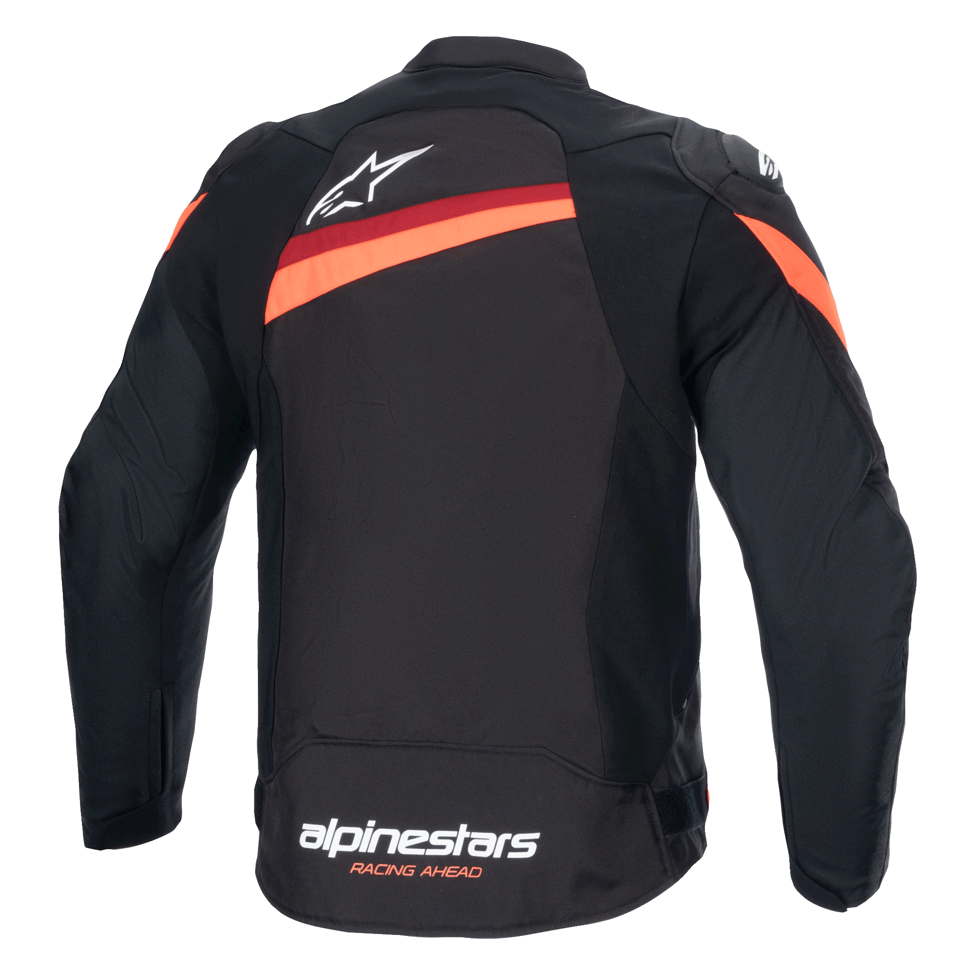 Alpinestars T-GP Plus R V4 Jacket, Back view, Black and Red Fluo, Textile Sport Motorcycle Jacket, featuring white Alpinestars logo on upper back and lower hem branding, diagonal red stripes across shoulders and back, pre-curved sleeves.