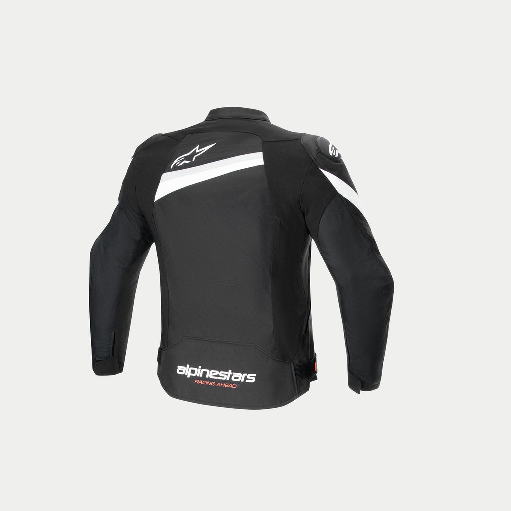 Alpinestars T-GP Plus R V4 Jacke, Motorrad-Textiljacke, Rückansicht mit vorgeformten Ärmeln, weißen Branding-Logos, Schwarz und Weiß, CE-zertifizierte Konstruktion