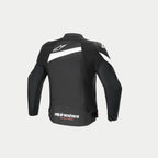 Alpinestars T-GP Plus R V4 Jacke, Motorrad-Textiljacke, Rückansicht mit vorgeformten Ärmeln, weißen Branding-Logos, Schwarz und Weiß, CE-zertifizierte Konstruktion
