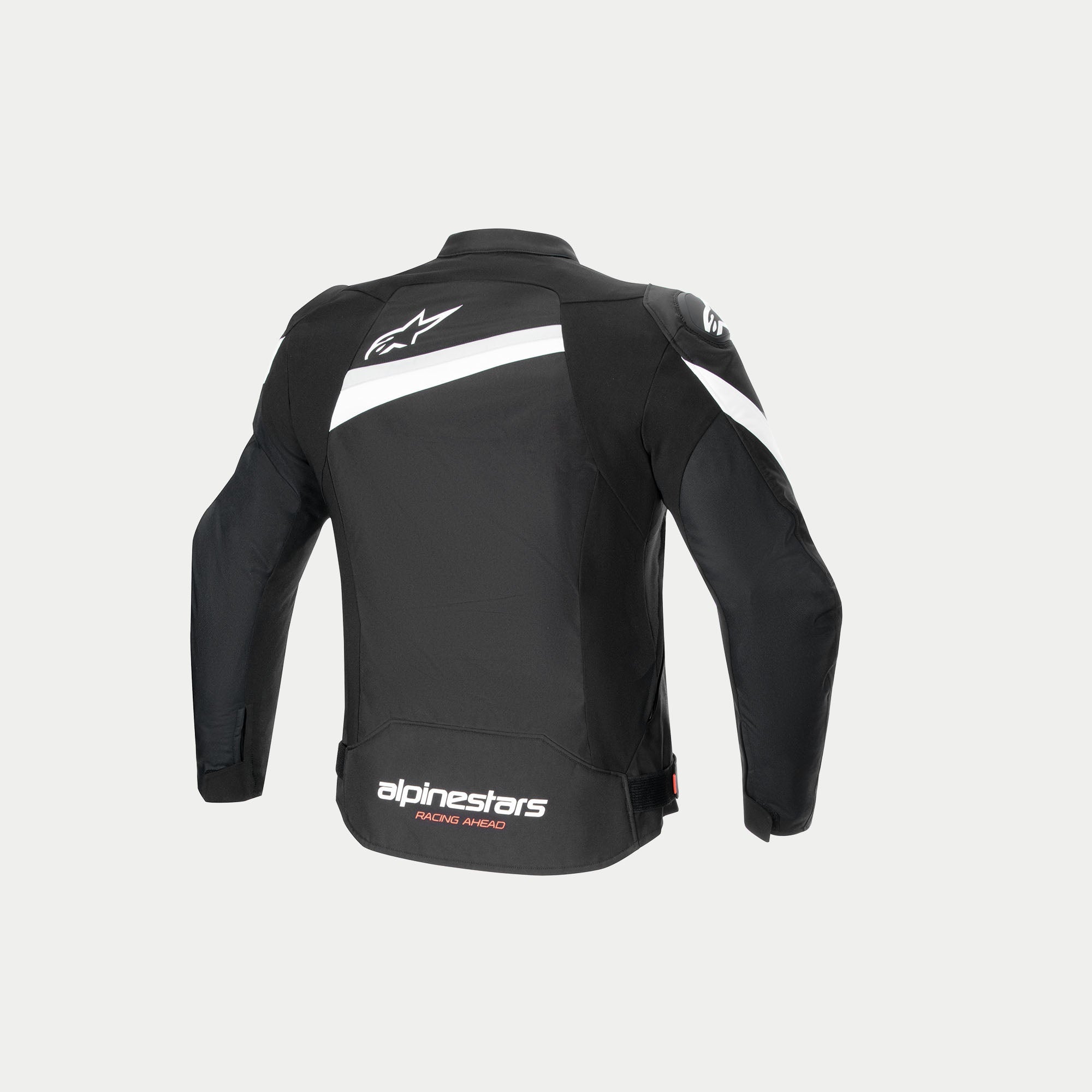 Alpinestars T-GP Plus R V4 Jacke, Motorrad-Textiljacke, Rückansicht mit vorgeformten Ärmeln, weißen Branding-Logos, Schwarz und Weiß, CE-zertifizierte Konstruktion