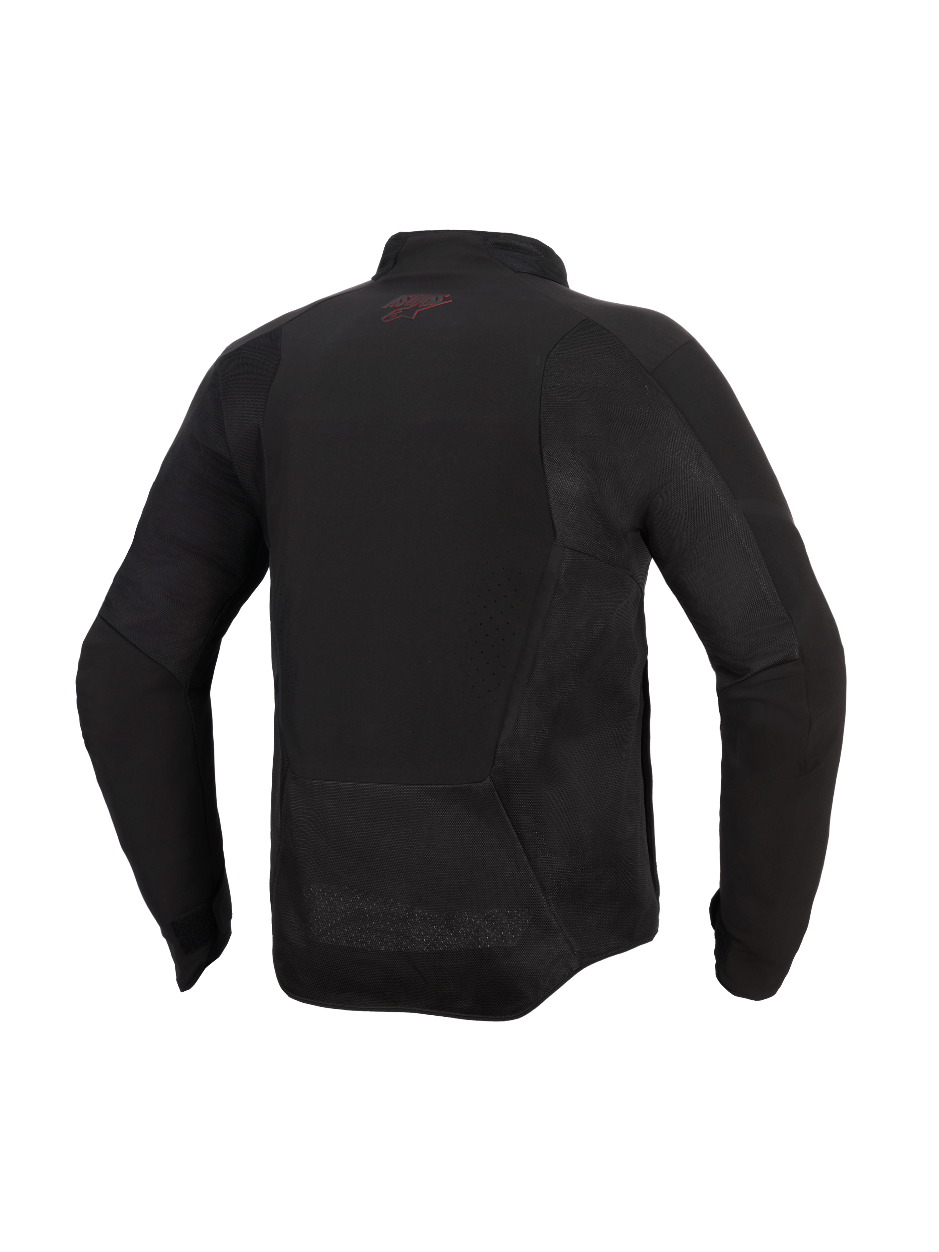 Alpinestars Aeroshell Airflow Jacket, Motorcycle Jacket, Black Anthracite, rear view featuring mesh panels and laser-perforated ventilation zones, elongated rear for riding coverage, small red logo on the back neck, lightweight sport-cut softshell design