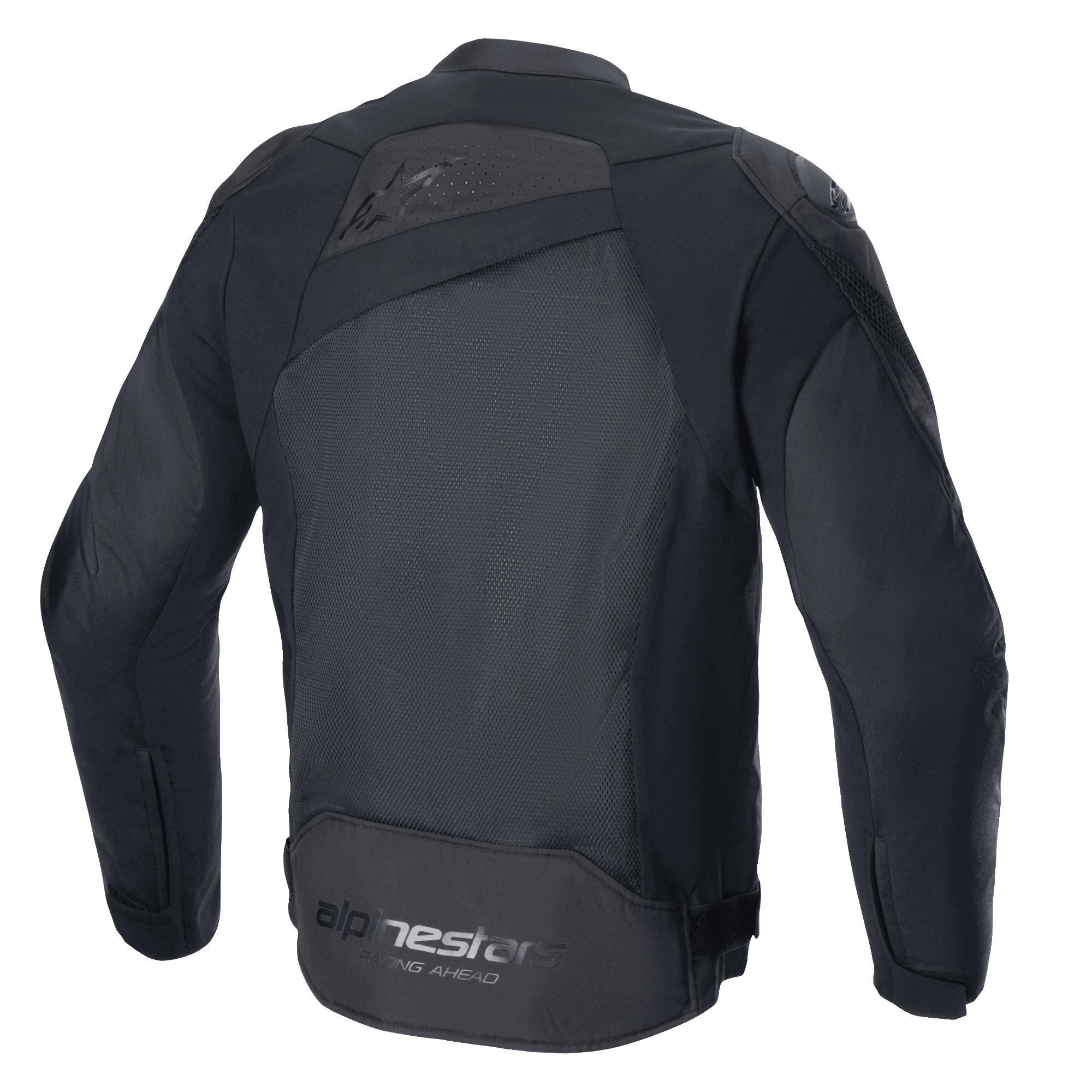 Alpinestars T-GP Plus R V4 Airflow Jacke, Schwarz/Schwarz, Rückansicht, mit großem Mesh-Panel für maximalen Luftstrom, perforiertem oberem Rücken, dezentem geprägtem Logo und Alpinestars Racing Ahead Schriftzug auf dem unteren Rücken, Textil-Motorradjacke in Sportpassform