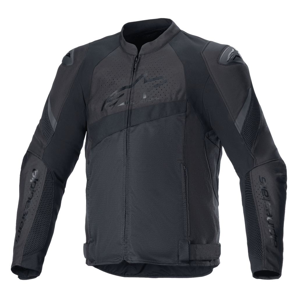 Alpinestars T-GP Plus R V4 Airflow Jacke, Schwarze Textil-Motorradjacke, Umfangreiche Mesh-Belüftungseinsätze, Perforierte Brust- und Rückenzonen, DFS Lite Schulterprotektoren, Verstellbare Taillenriemen, Sport-Performance-Fahrausrüstung