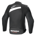 Alpinestars T-GP Plus R V4 Airflow Jacket, Textile Motorcycle Jacket, Black and White, back view featuring extensive mesh panel, white star logo on upper back and Alpinestars Racing Ahead branding on lower back, sport fit design for ventilation