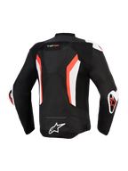 Alpinestars T-GP Air Jacket, Rear View, Black with Red Fluo and White accents, featuring an aerodynamic hump, technical mesh panels for airflow, "T-GP AIR" branding on the upper back, white and red DFS sliders on shoulders and elbows, Alpinestars logo on the lower back, sport-cut performance motorcycle jacket