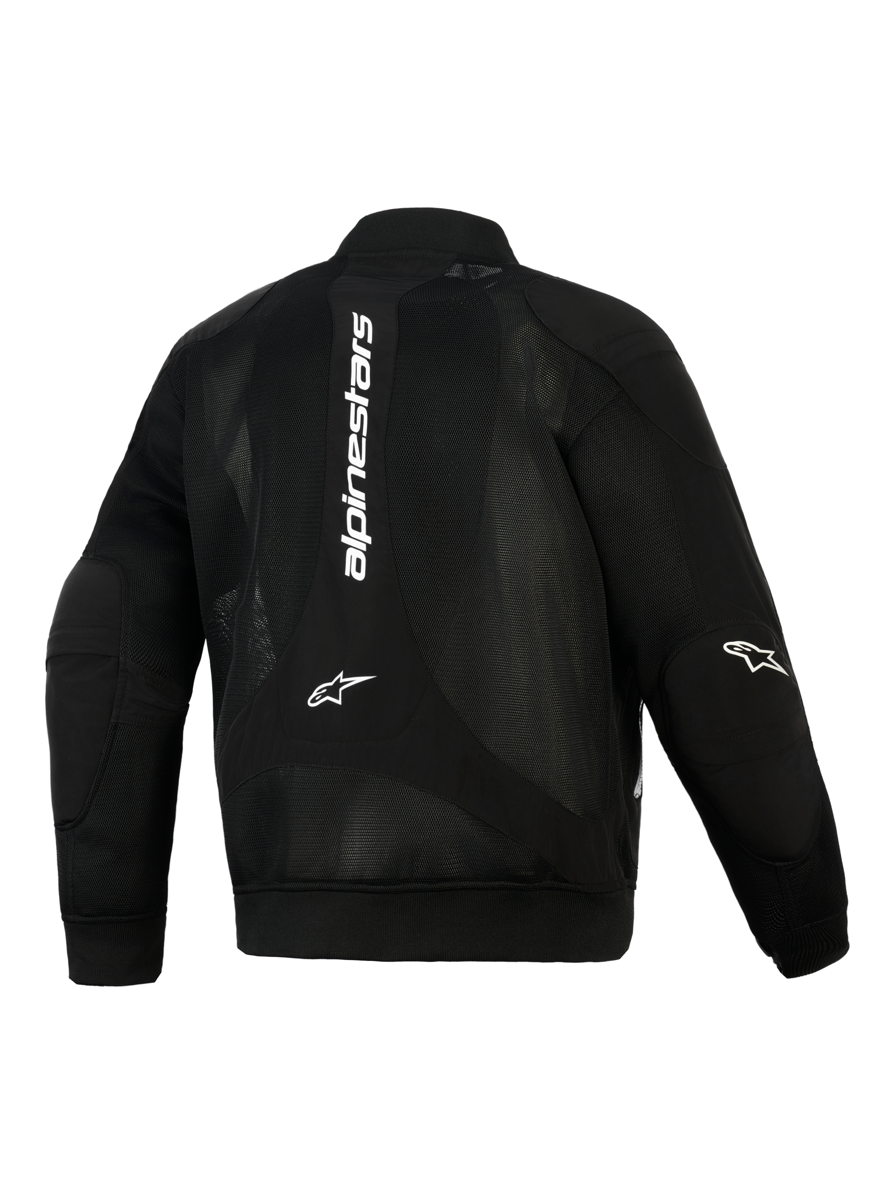 Alpinestars Flight Air Jacke, Schwarz, Rückansicht, Urbane Motorradjacke im Bomber-Stil, erweiterte 3D-Mesh-Einsätze, weißes vertikales Branding auf dem Rücken, Astar-Logos an den Ellbogen, gerippte Stretch-Strickbündchen an Ärmeln und Saum.