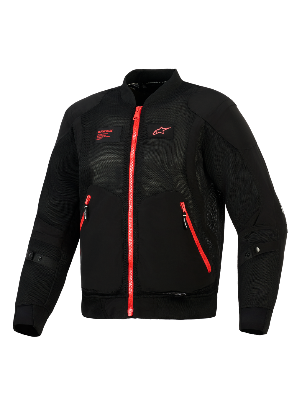 Alpinestars Flight Air Jacke, Schwarz Bright Red, Vorderansicht einer leichten Motorradjacke im Bomber-Stil mit 3D-Mesh-Einsätzen, kontrastierenden roten Reißverschlüssen und rotem Alpinestars-Branding auf der Brust.