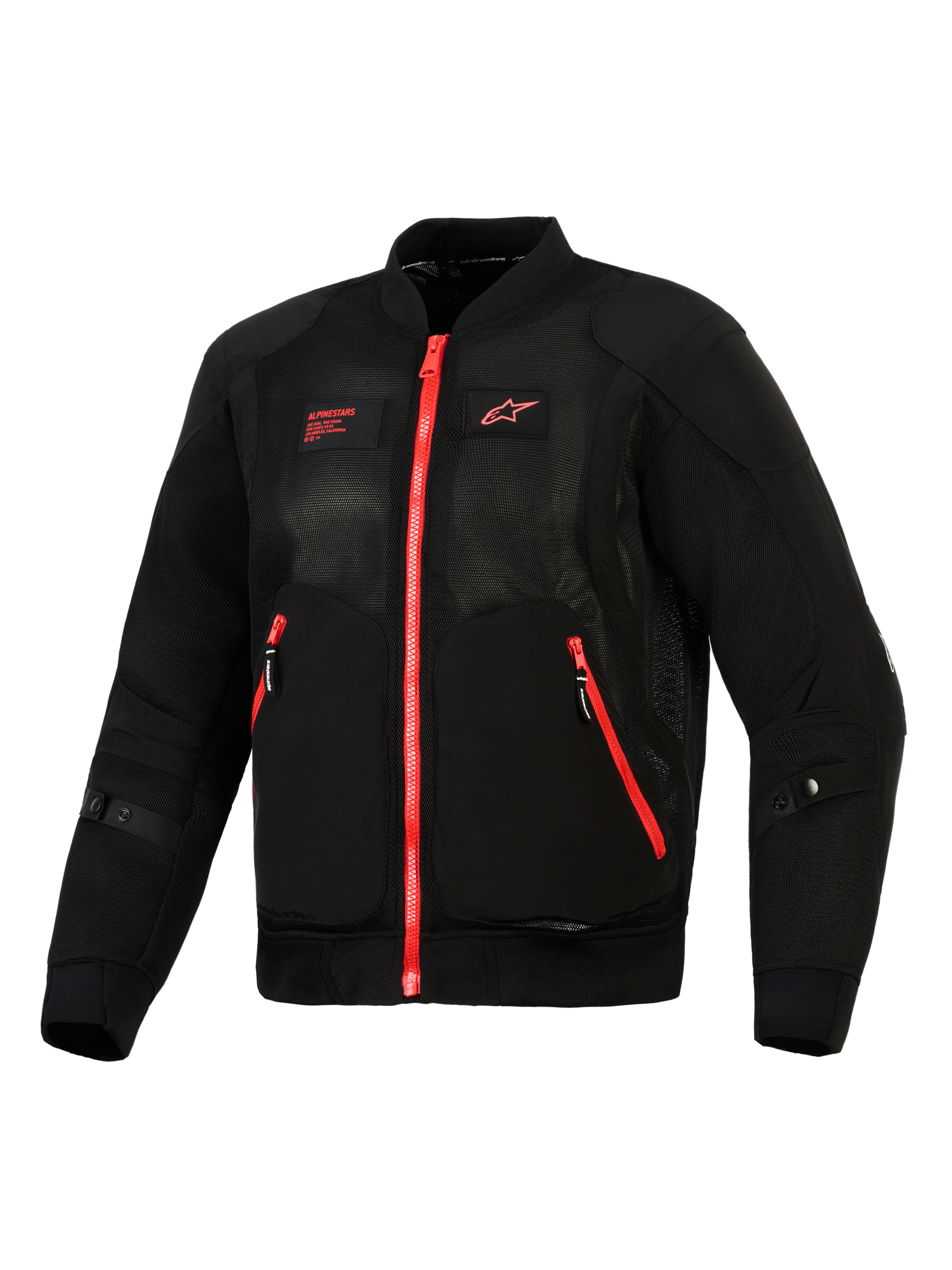 Alpinestars Flight Air Jacke, Schwarz Bright Red, Vorderansicht einer leichten Motorradjacke im Bomber-Stil mit 3D-Mesh-Einsätzen, kontrastierenden roten Reißverschlüssen und rotem Alpinestars-Branding auf der Brust.