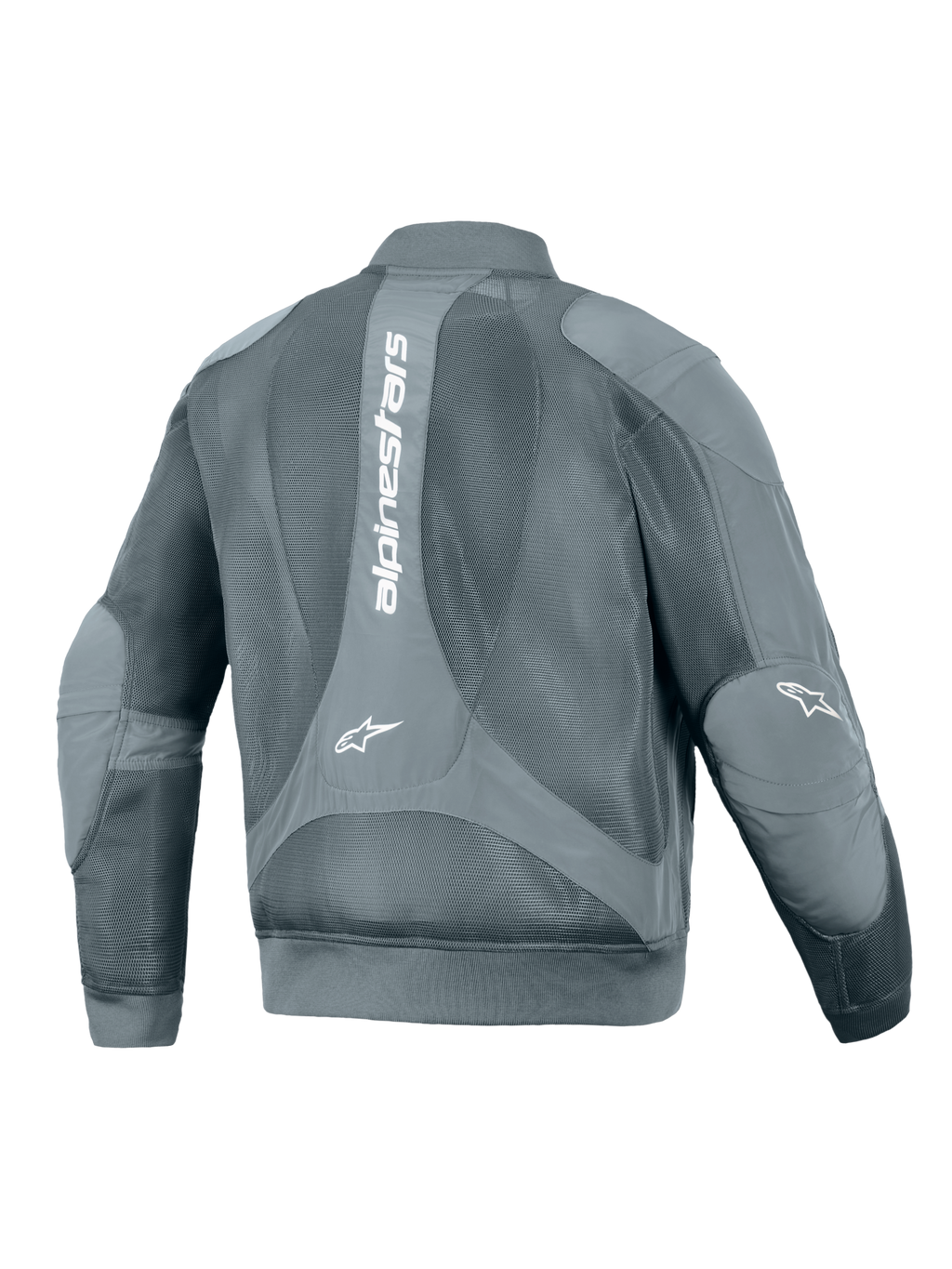 Alpinestars Flight Air Jacke, Urbane Motorradjacke, Storm Gray, Rückansicht mit großem vertikalem weißem Alpinestars-Logo, großflächige 3D-Mesh-Einsätze für Luftzirkulation, gerippter Bund und Bündchen im Bomber-Stil