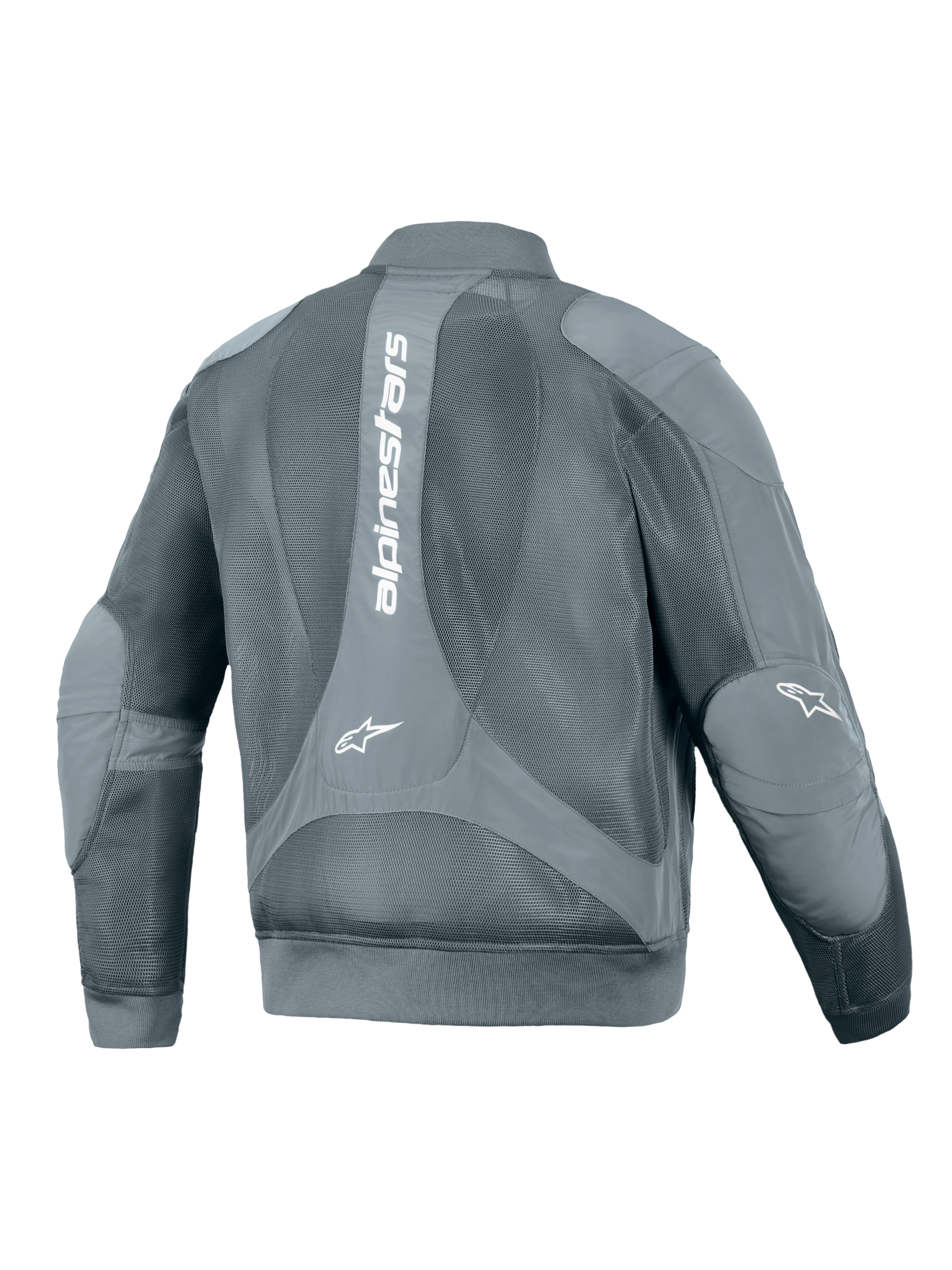Alpinestars Flight Air Jacke, Urbane Motorradjacke, Storm Gray, Rückansicht mit großem vertikalem weißem Alpinestars-Logo, großflächige 3D-Mesh-Einsätze für Luftzirkulation, gerippter Bund und Bündchen im Bomber-Stil