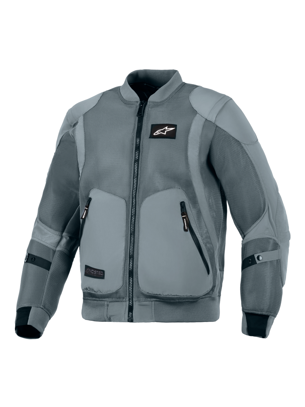 Alpinestars Flight Air Jacke, Storm Gray, Urbane Motorradjacke, von Bomberjacken inspirierte Silhouette mit großflächigen 3D-Mesh-Belüftungseinsätzen, gerippter Stretch-Kragen und Ärmelbündchen, schwarzes Astars-Logo auf der Brust, externe Protektorentaschen, konzipiert für Fahrten bei heißem Wetter.
