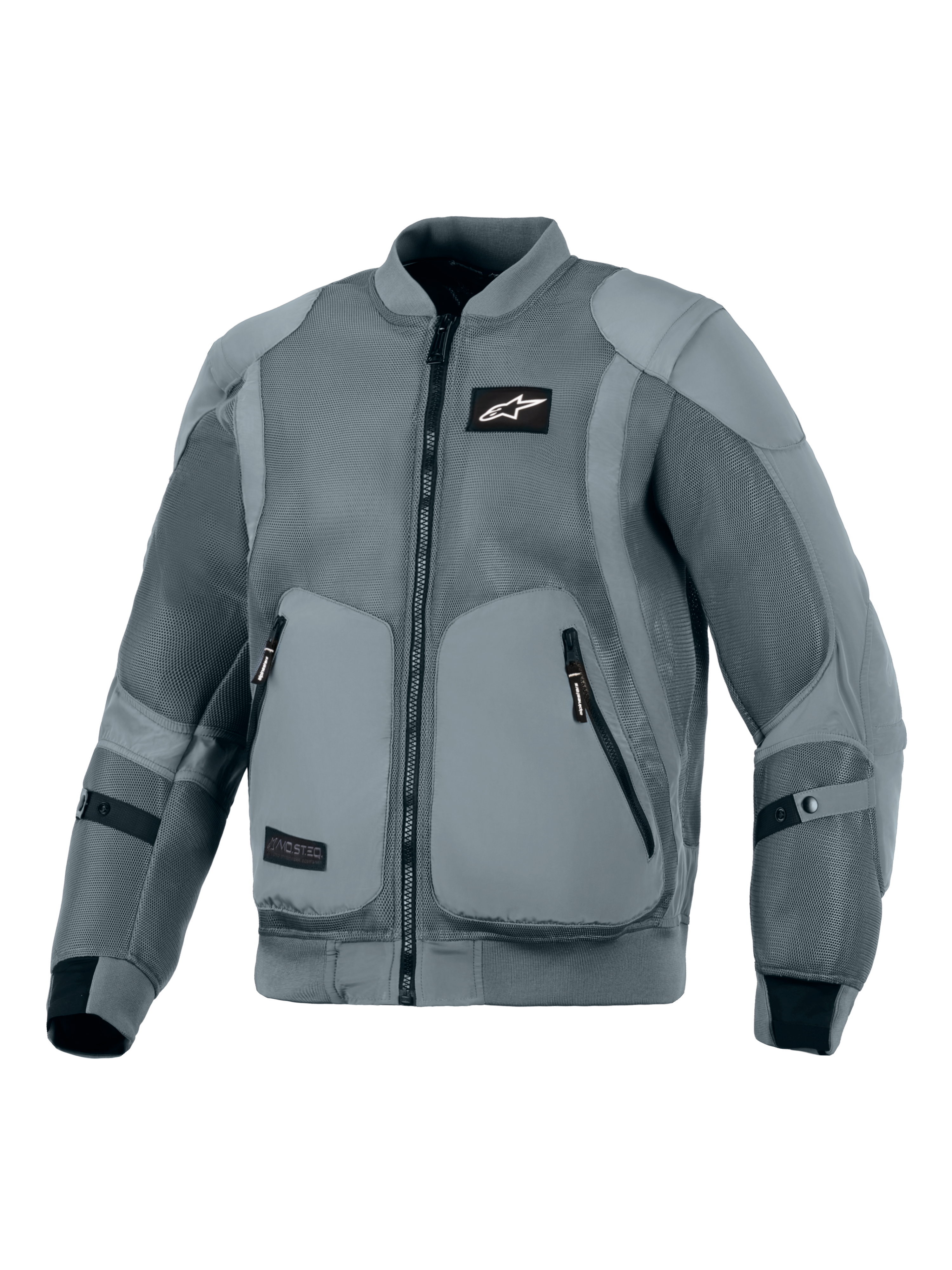 Alpinestars Flight Air Jacke, Storm Gray, Urbane Motorradjacke, von Bomberjacken inspirierte Silhouette mit großflächigen 3D-Mesh-Belüftungseinsätzen, gerippter Stretch-Kragen und Ärmelbündchen, schwarzes Astars-Logo auf der Brust, externe Protektorentaschen, konzipiert für Fahrten bei heißem Wetter.