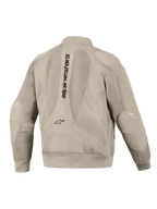 Alpinestars Flight Air Jacket in Aluminum, back view, featuring extensive 3D mesh panels for ventilation, vertical Alpinestars wordmark on the spine, ribbed cuffs and hem, and a modern bomber-style silhouette for urban motorcycle riding.