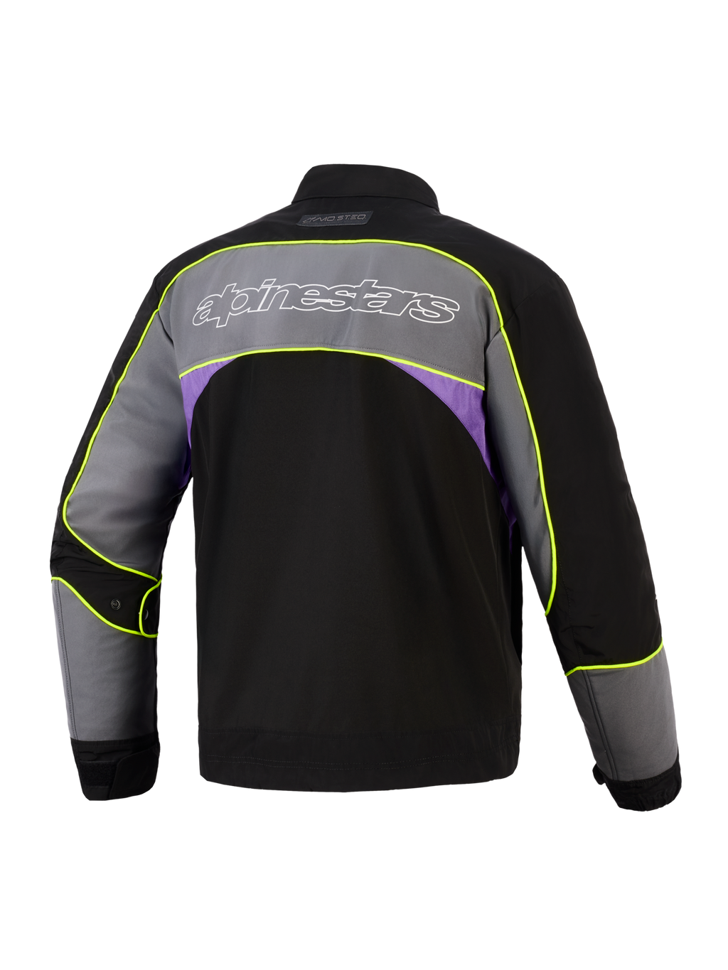 Alpinestars Unite Jacke in Black Asphalt Violet, Rückansicht, urbane Motorradjacke mit großem grauen Schulterpanel, weiß umrandetem Alpinestars-Logo, violetten Seitenakzenten und hochsichtbaren neongelben Paspeln entlang der Nähte.