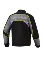 Alpinestars Unite Jacke in Black Asphalt Violet, Rückansicht, urbane Motorradjacke mit großem grauen Schulterpanel, weiß umrandetem Alpinestars-Logo, violetten Seitenakzenten und hochsichtbaren neongelben Paspeln entlang der Nähte.