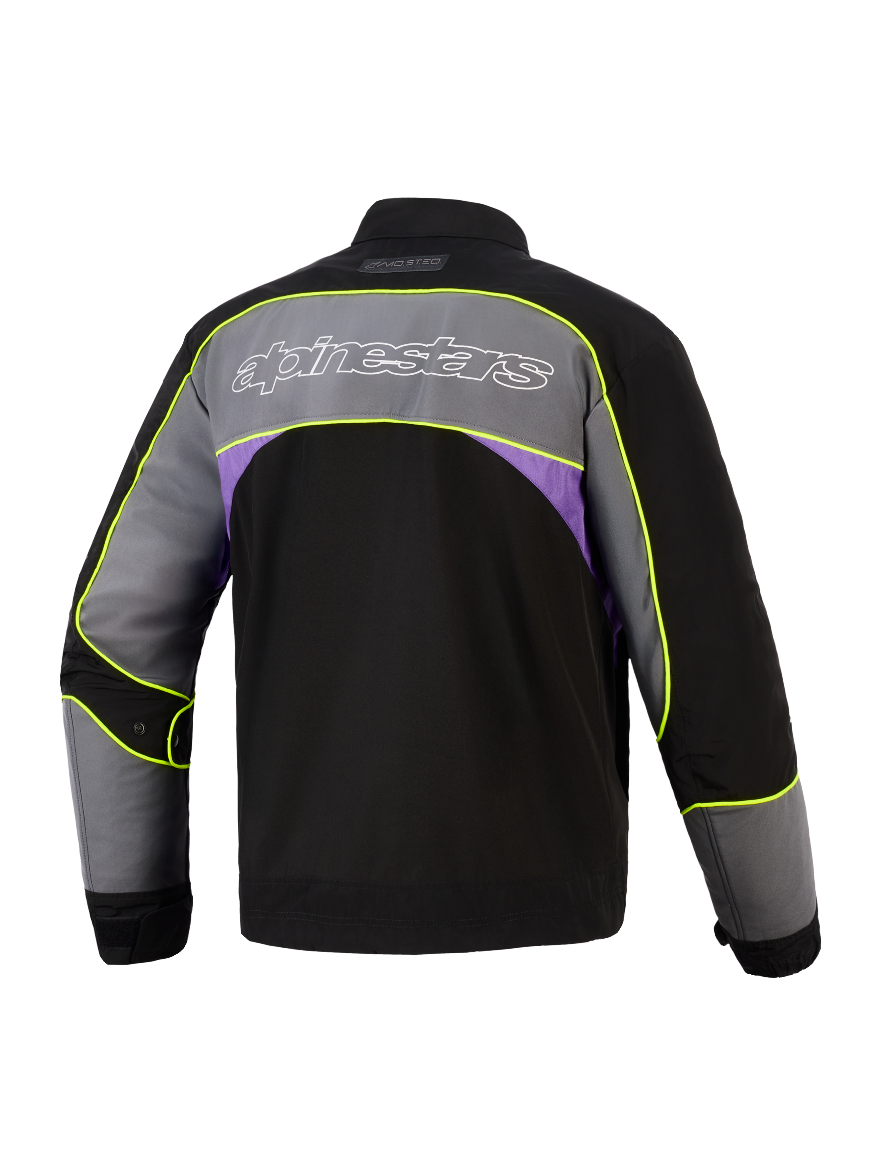 Alpinestars Unite Jacke in Black Asphalt Violet, Rückansicht, urbane Motorradjacke mit großem grauen Schulterpanel, weiß umrandetem Alpinestars-Logo, violetten Seitenakzenten und hochsichtbaren neongelben Paspeln entlang der Nähte.