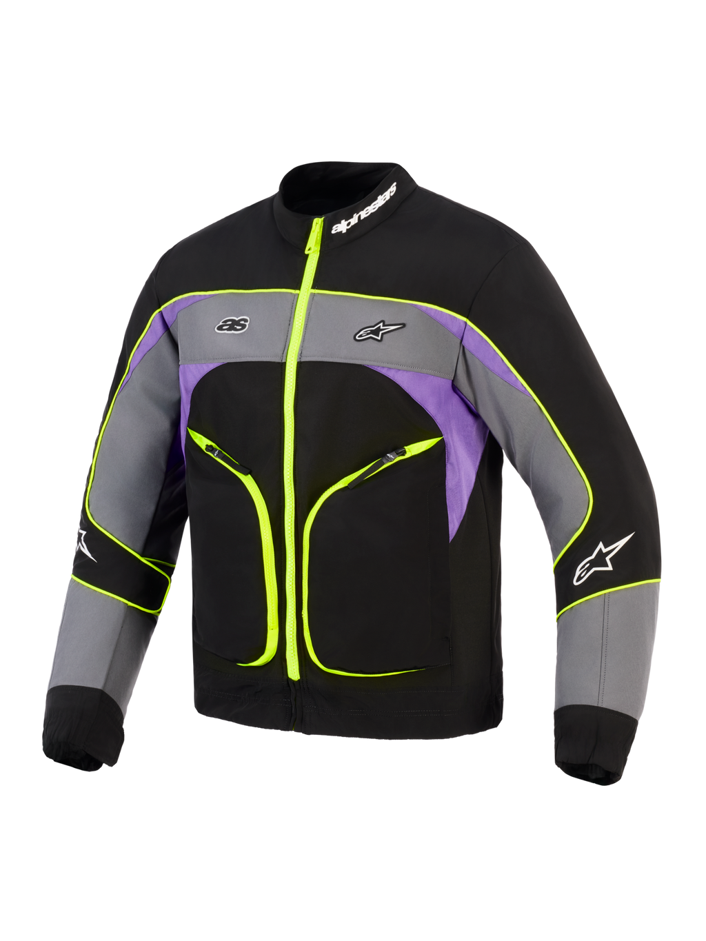 Alpinestars Unite Jacke, urbane Motorradjacke, Schwarz Asphalt Violett mit neongelben Akzenten, mit 3-lagiger Softshell-Konstruktion, fluoreszierenden gelben Reißverschlüssen und Paspeln, grauem und lila Color-Blocking und Alpinestars-Logo auf der Brust und am Kragen.