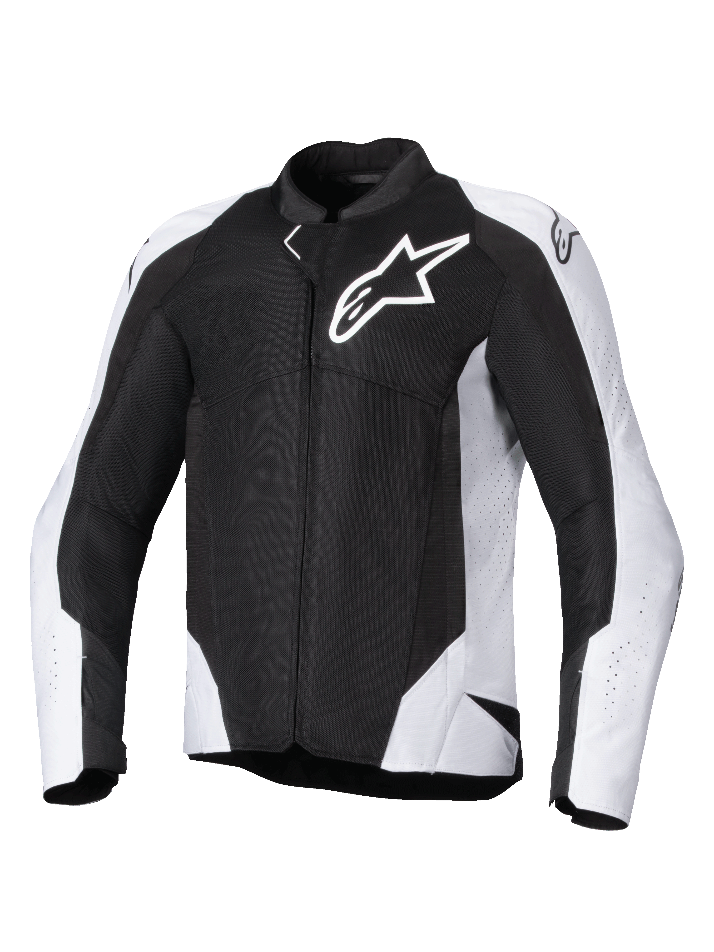 Alpinestars Viper Air V4 Jacket, Textile Motorcycle Jacket, Black and White, featuring large white Astar logo on chest, perforated mesh panels for airflow, ergonomic sport fit for road riding