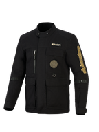 Alpinestars Dice Jacket, Urban Motorcycle Field Jacket, Black with Gold branding, featuring multiple utility pockets, a spiral patch on the chest, and vintage-inspired field jacket styling in water-repellent textile.