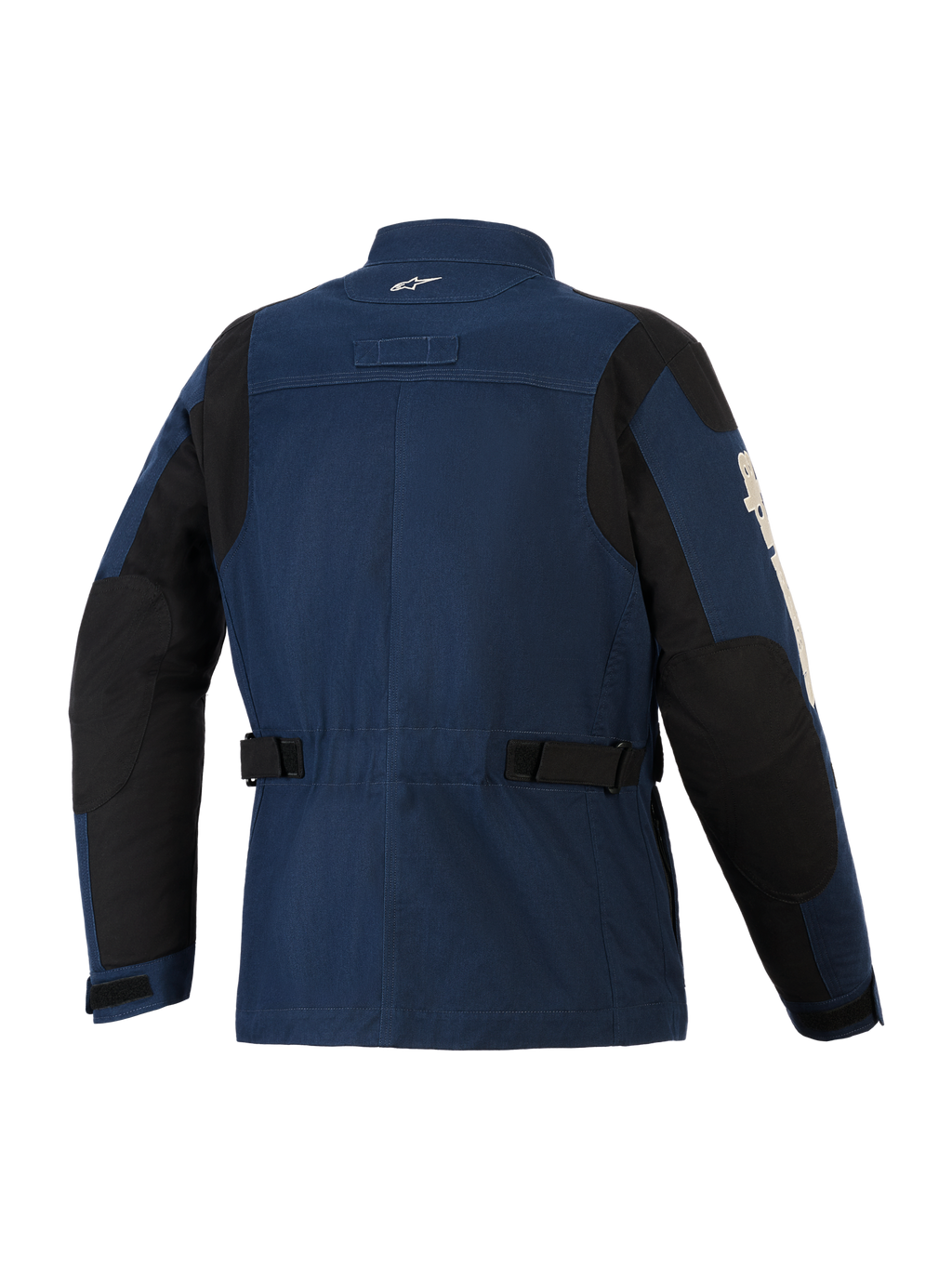 Alpinestars Dice Jacke, urbane Motorradjacke, Dunkelblau und Schwarz, Rückansicht im Field-Jacket-Stil, verstellbare Taillenriemen, schwarze Verstärkungseinsätze an Schultern und Ellbogen, kleines weißes Logo am Kragen