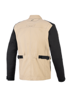 Alpinestars Dice Jacke, urbane Motorradjacke, Aluminum Black, Rückansicht mit sandfarbenem Polycotton-Hauptteil und schwarzen Ärmeln, verstellbaren Taillenriemen, plissierten Schultereinsätzen und Workwear-inspiriertem Design