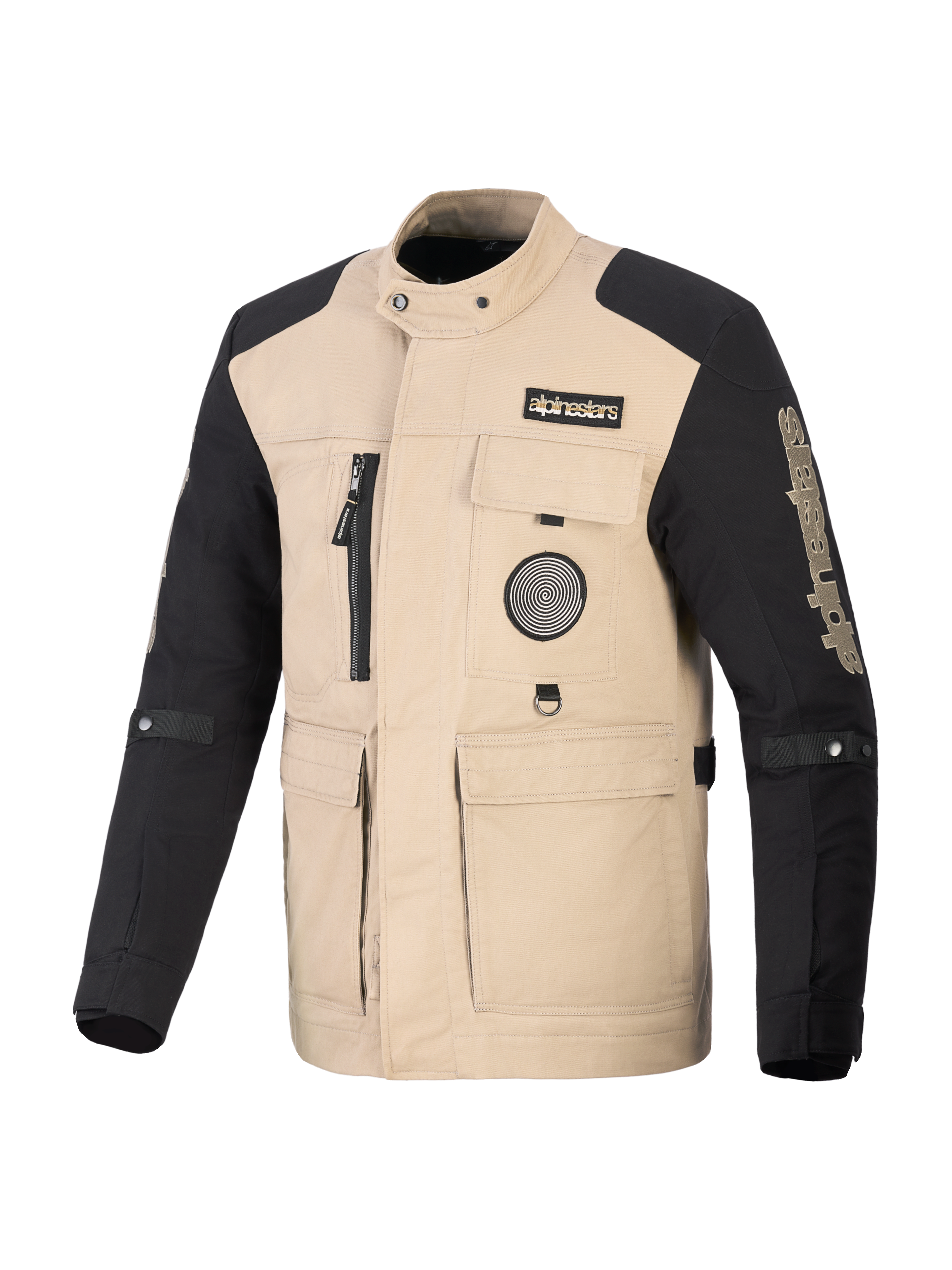 Alpinestars Dice Jacke, urbane Motorradjacke, Tan und Schwarz, Workwear-inspiriertes Design mit vier funktionalen Fronttaschen und Logo-Aufnähern, robuste Textilkonstruktion für Performance auf der Straße
