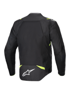 Alpinestars T-SPS Air V2 Jacke, Textil-Motorradjacke, Schwarz und Gelb Fluo, Rückansicht mit großen Mesh-Einsätzen für optimale Belüftung, neongelbe Akzente an Schultern und Taille, weißes Alpinestars-Logo am unteren Rücken