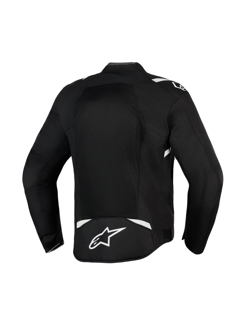 Alpinestars T-Sps Air V2 Jacke, Schwarz und Weiß, Rückansicht mit großem Mesh-Panel für maximalen Luftstrom, strapazierfähige 600D Polygewebe-Konstruktion mit weißen Akzenten und Stern-Logo auf dem unteren Rücken, Textil-Motorradjacke für Fahrten in der Stadt