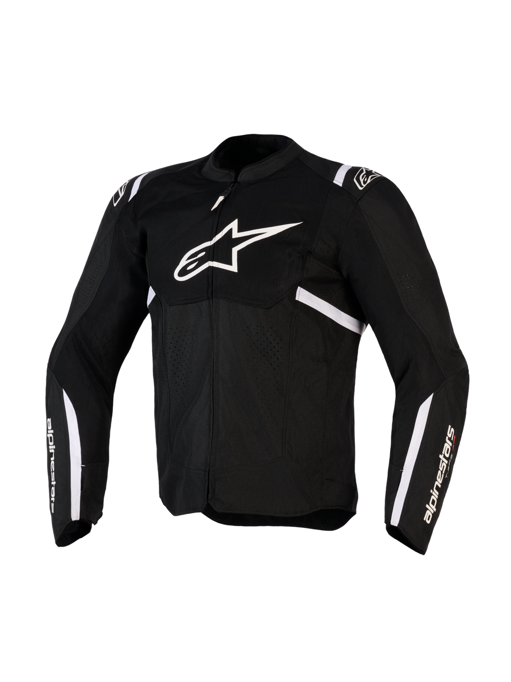Alpinestars T-SPS Air v2 Jacke, Textil-Motorradjacke, Schwarz und Weiß, mit großem weißem Brustlogo und Mesh-Einsätzen für Luftzirkulation, sportliches Design mit Alpinestars-Branding an den Ärmeln