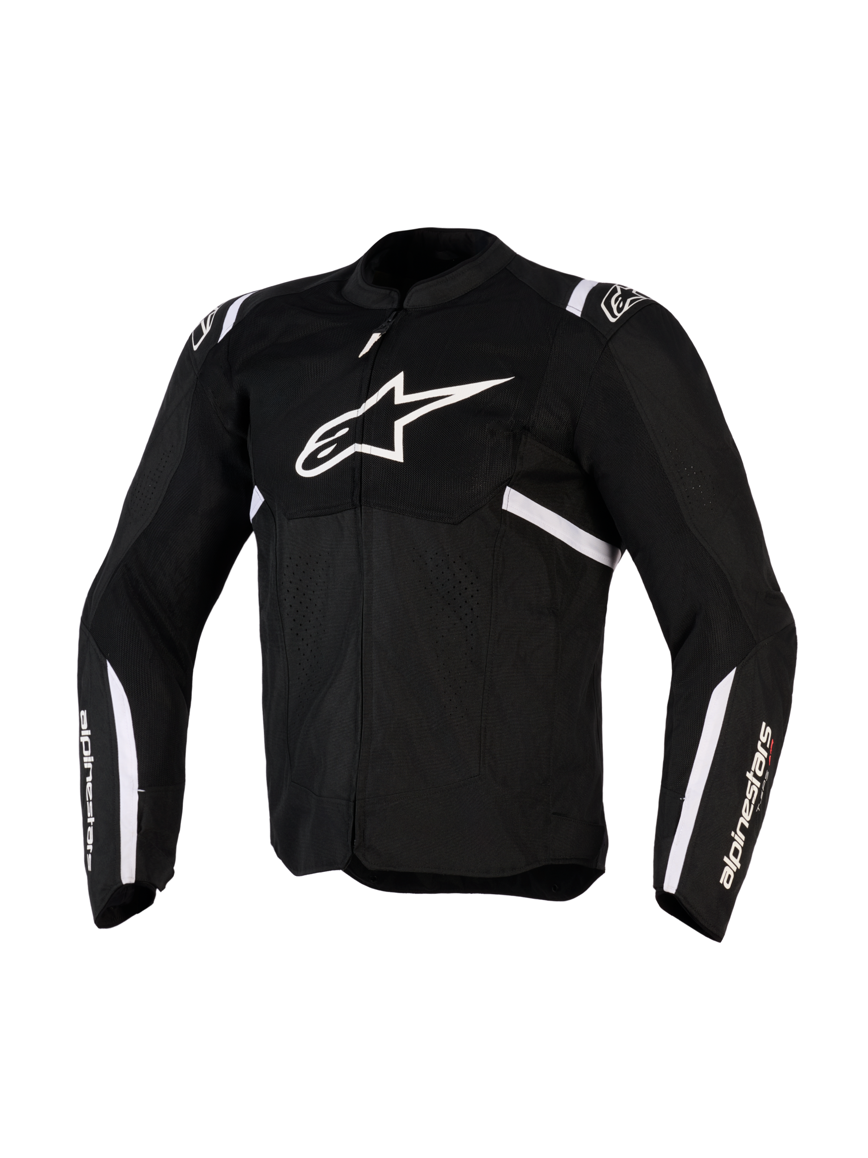 Alpinestars T-SPS Air v2 Jacke, Textil-Motorradjacke, Schwarz und Weiß, mit großem weißem Brustlogo und Mesh-Einsätzen für Luftzirkulation, sportliches Design mit Alpinestars-Branding an den Ärmeln