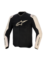 Alpinestars T-SPS Air V2 Jacke, Textil-Motorradjacke, Schwarz Mastic Aluminium, Vorderansicht mit großem Brustlogo, Mesh-Einsätzen für Luftzirkulation und hellen Ärmeln mit Branding, sportorientierte Motorradbekleidung für die Straße.
