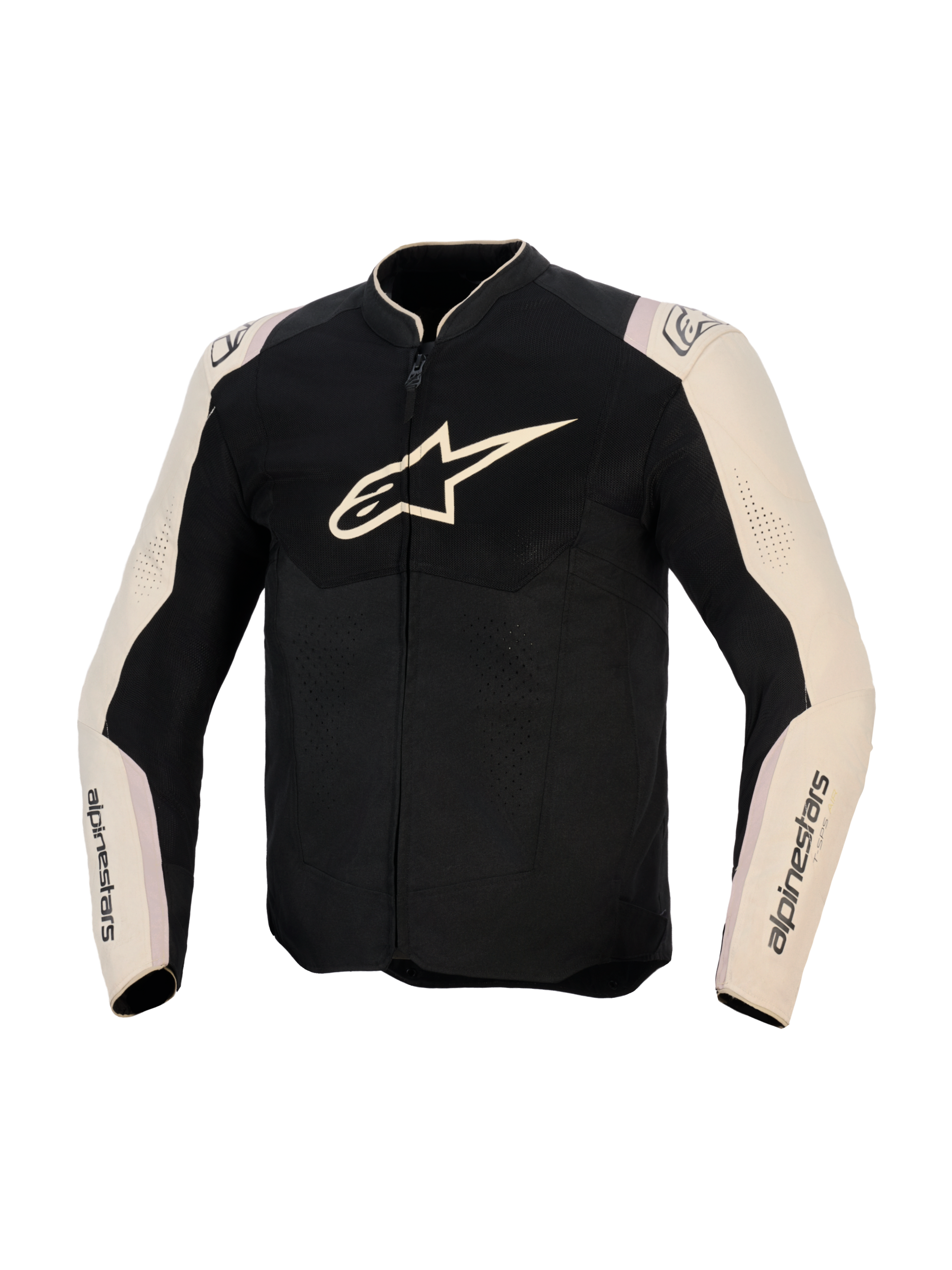 Alpinestars T-SPS Air V2 Jacke, Textil-Motorradjacke, Schwarz Mastic Aluminium, Vorderansicht mit großem Brustlogo, Mesh-Einsätzen für Luftzirkulation und hellen Ärmeln mit Branding, sportorientierte Motorradbekleidung für die Straße.