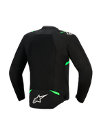 Alpinestars T-SPS Air V2 Jacket, Back View, Black and Fluo Green, featuring a large tech mesh panel for maximum airflow, fluorescent green accents on shoulders and waist, and a white Alpinestars logo on the lower back.