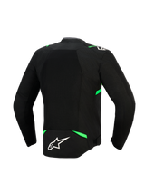 Alpinestars T-SPS Air V2 Jacke, Rückansicht, Schwarz und Fluo-Grün, mit einem großen Tech-Mesh-Einsatz für maximale Luftzirkulation, neongrünen Akzenten an Schultern und Taille sowie einem weißen Alpinestars-Logo auf dem unteren Rücken.