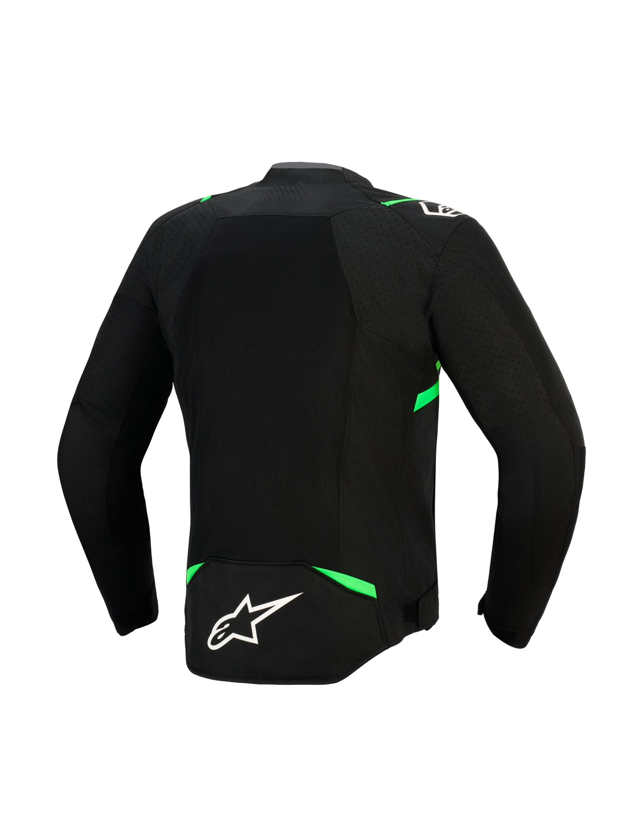 Alpinestars T-SPS Air V2 Jacke, Rückansicht, Schwarz und Fluo-Grün, mit einem großen Tech-Mesh-Einsatz für maximale Luftzirkulation, neongrünen Akzenten an Schultern und Taille sowie einem weißen Alpinestars-Logo auf dem unteren Rücken.