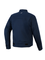 Alpinestars Bruiser Jacke, Urbane Motorradjacke, Dunkelblau, Rückansicht mit Stretch-Polycotton-Twill-Konstruktion, kleines weißes Logo am Nacken, Belüftungsösen an den Ärmeln und verstellbare Taillenriegel