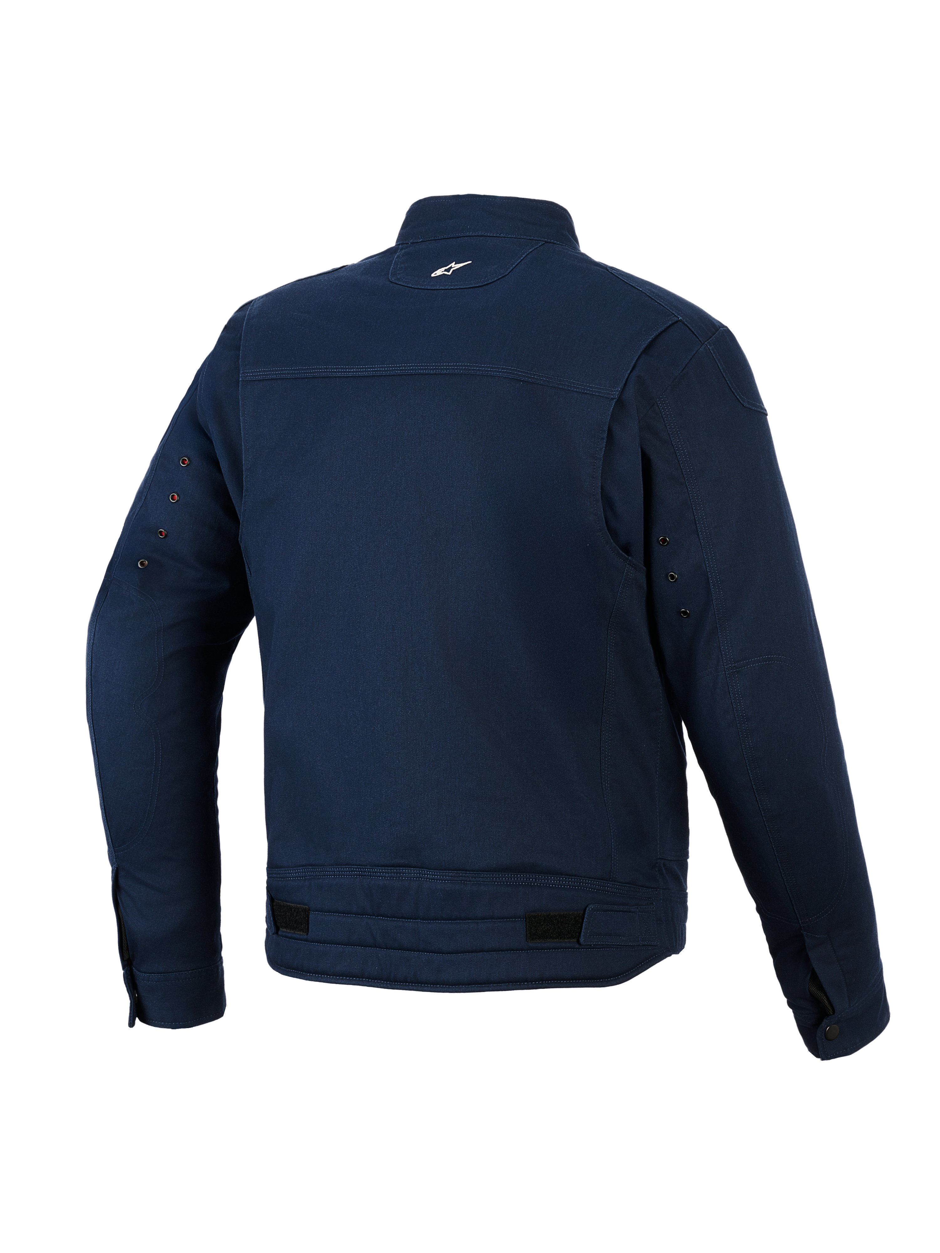 Alpinestars Bruiser Jacke, Urbane Motorradjacke, Dunkelblau, Rückansicht mit Stretch-Polycotton-Twill-Konstruktion, kleines weißes Logo am Nacken, Belüftungsösen an den Ärmeln und verstellbare Taillenriegel