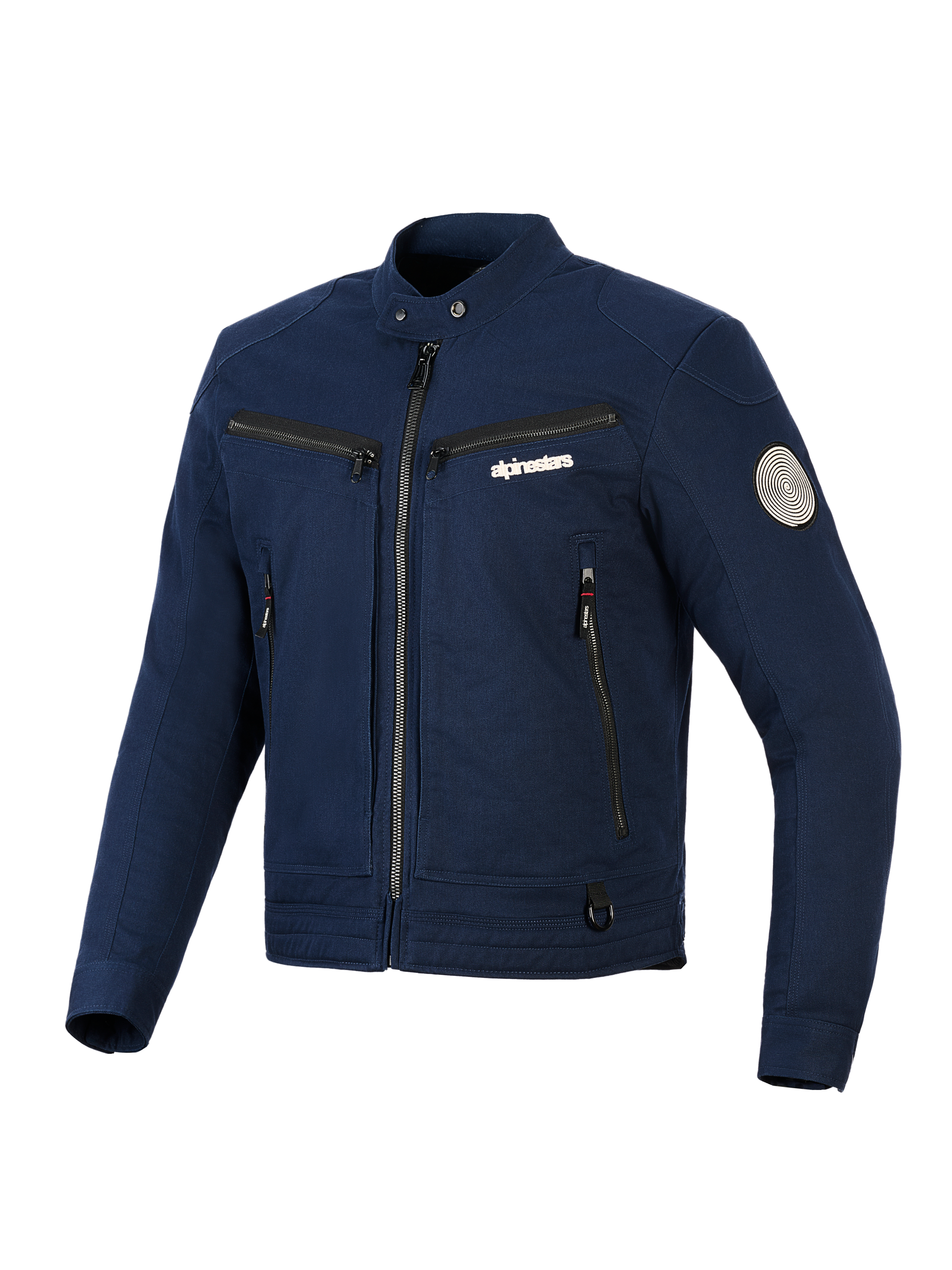 Alpinestars Bruiser Jacke, urbane Textil-Motorradjacke, Dunkelblau, Workwear-inspiriertes Design mit Reißverschluss vorne und Brusttaschen, Druckknopfkragen und Oscar-Spiral-Patch am Ärmel, moderne Streetwear-Ästhetik