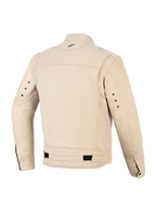 Alpinestars Bruiser Jacke, urbane Motorradjacke, Farbe Aluminum, Rückansicht mit plissierten Schulterpartien, verstellbaren Taillenriemen mit schwarzen Laschen, kleinem bestickten Logo im Nacken und Metallösen an der Rückseite der Ärmel.