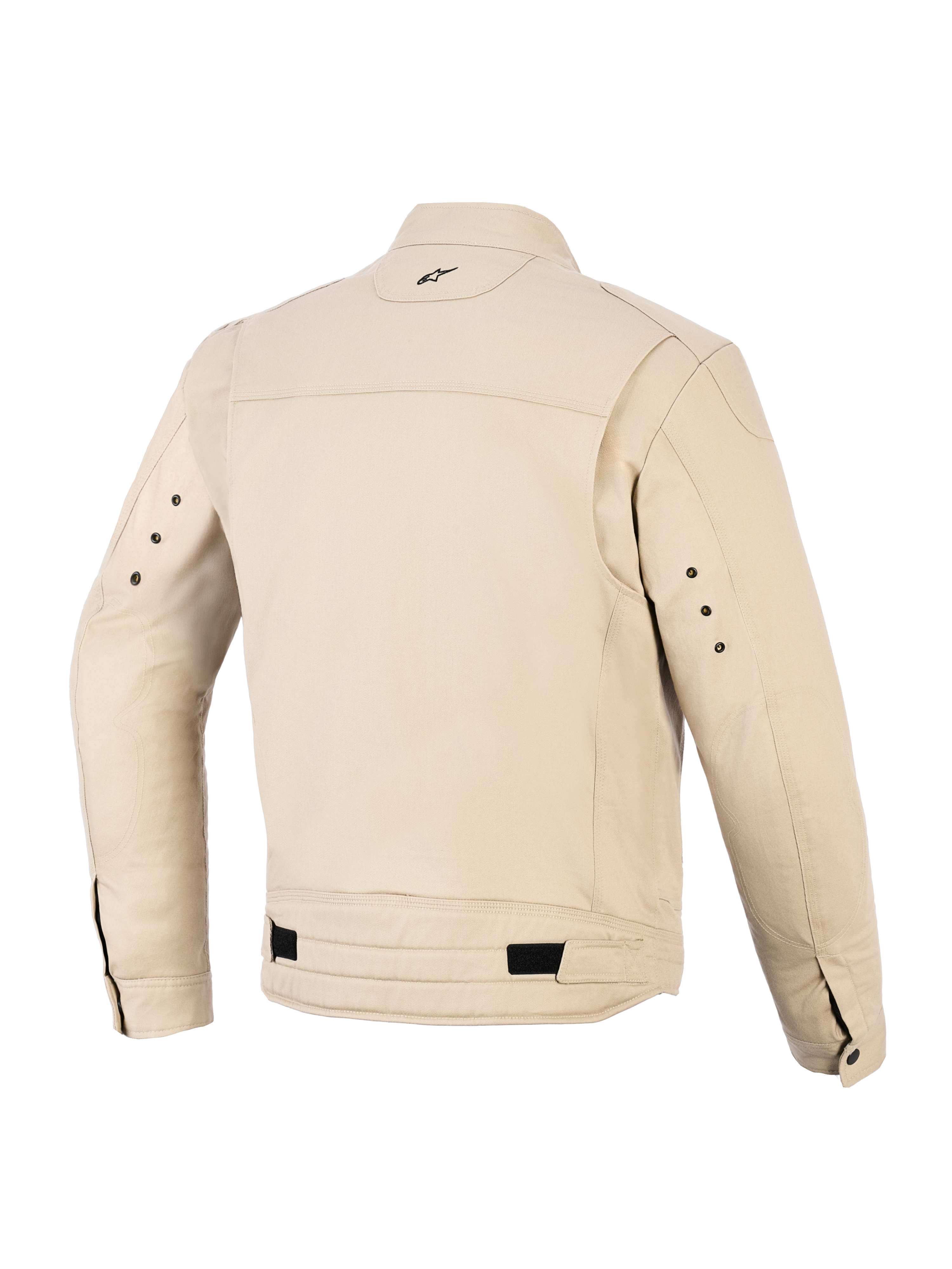 Alpinestars Bruiser Jacke, urbane Motorradjacke, Farbe Aluminum, Rückansicht mit plissierten Schulterpartien, verstellbaren Taillenriemen mit schwarzen Laschen, kleinem bestickten Logo im Nacken und Metallösen an der Rückseite der Ärmel.