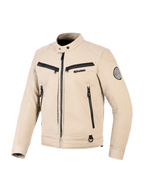 Alpinestars Bruiser Jacke, Urbane Motorradjacke, Beige, Textilkonstruktion mit schwarzen Reißverschluss-Akzenten, Druckknopfkragen, mehrere funktionale Taschen, runder Logo-Aufnäher am Ärmel, modernes, von Arbeitskleidung inspiriertes Design