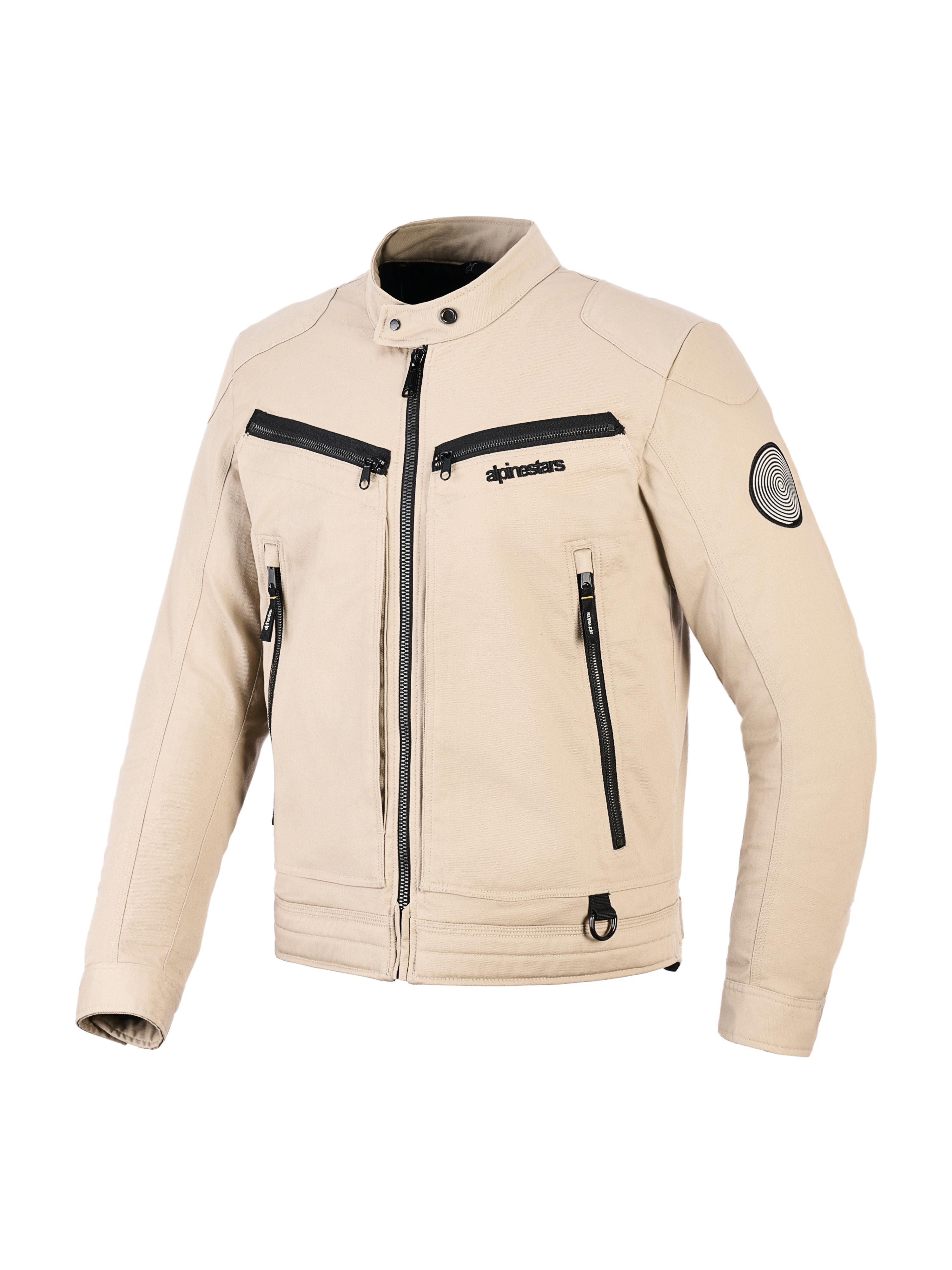 Alpinestars Bruiser Jacke, Urbane Motorradjacke, Beige, Textilkonstruktion mit schwarzen Reißverschluss-Akzenten, Druckknopfkragen, mehrere funktionale Taschen, runder Logo-Aufnäher am Ärmel, modernes, von Arbeitskleidung inspiriertes Design
