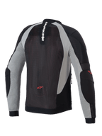 Alpinestars Troop-Air Jacket, Motorcycle Air Jacket, Black Ash Gray and Bright Red, Rear view showing technical mesh construction, vertical Alpinestars branding on the collar, and red star logos on the lower back and elbows.