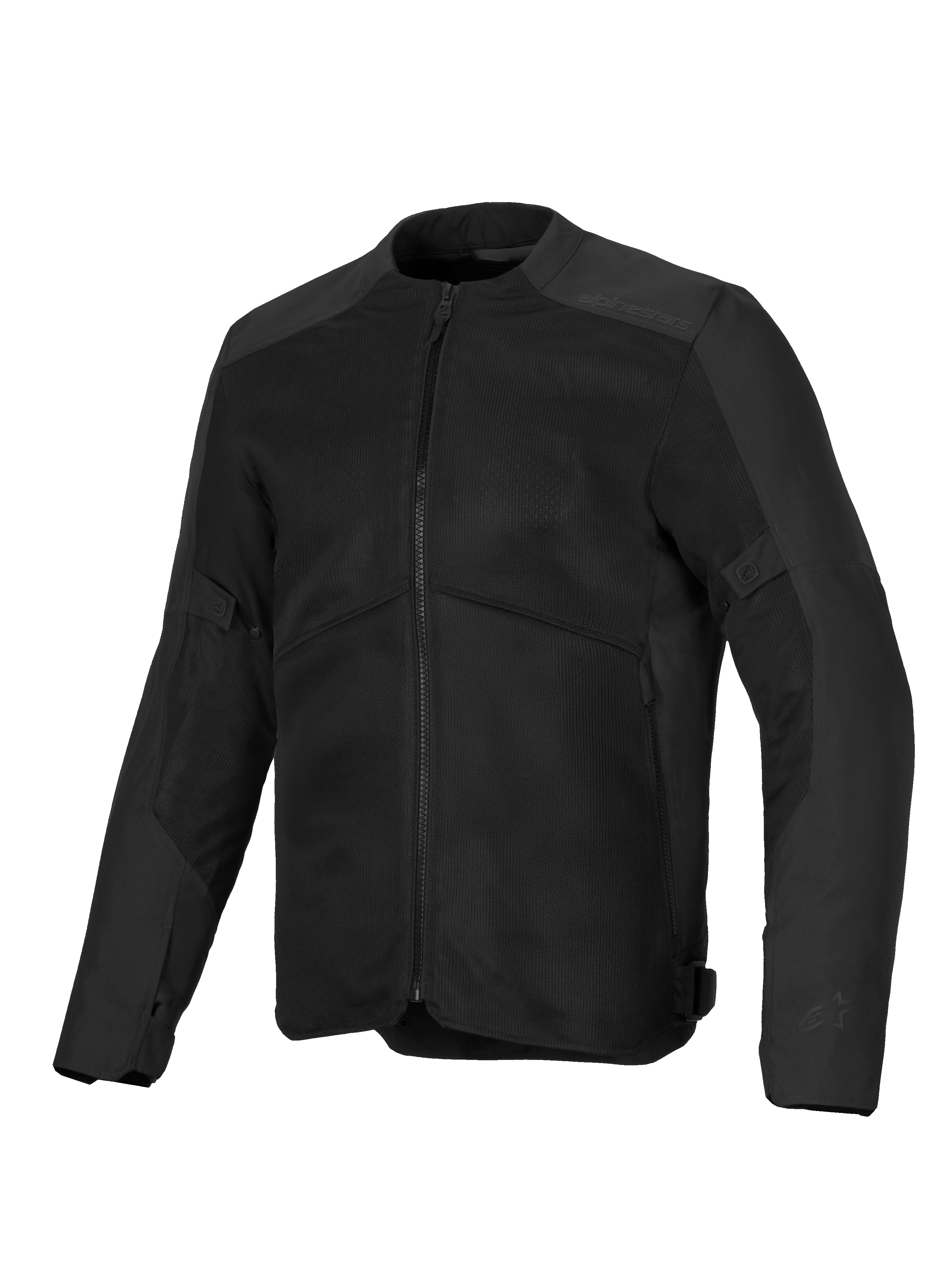 Alpinestars C-1 Air Jacke, schwarze Motorradjacke, große Mesh-Belüftungspanels, Chassis aus 450D-Polygewebe, dezent geprägtes Branding an den Schultern, modernes urbanes Design für Fahrten bei warmem Wetter